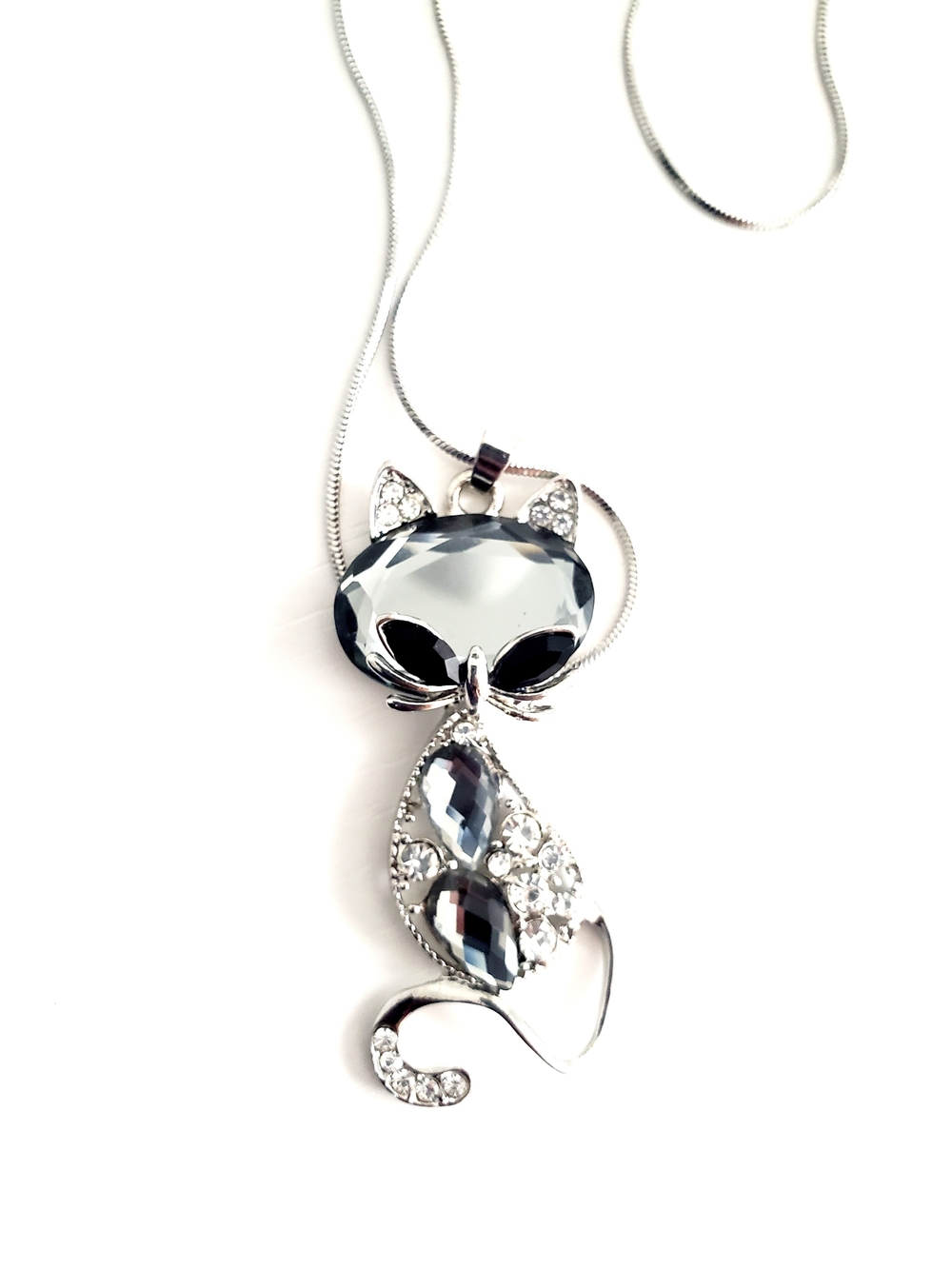 Silver Cat Pendant Necklace with Black Stone